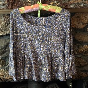 Free People Blue and Yellow Floral Blouse